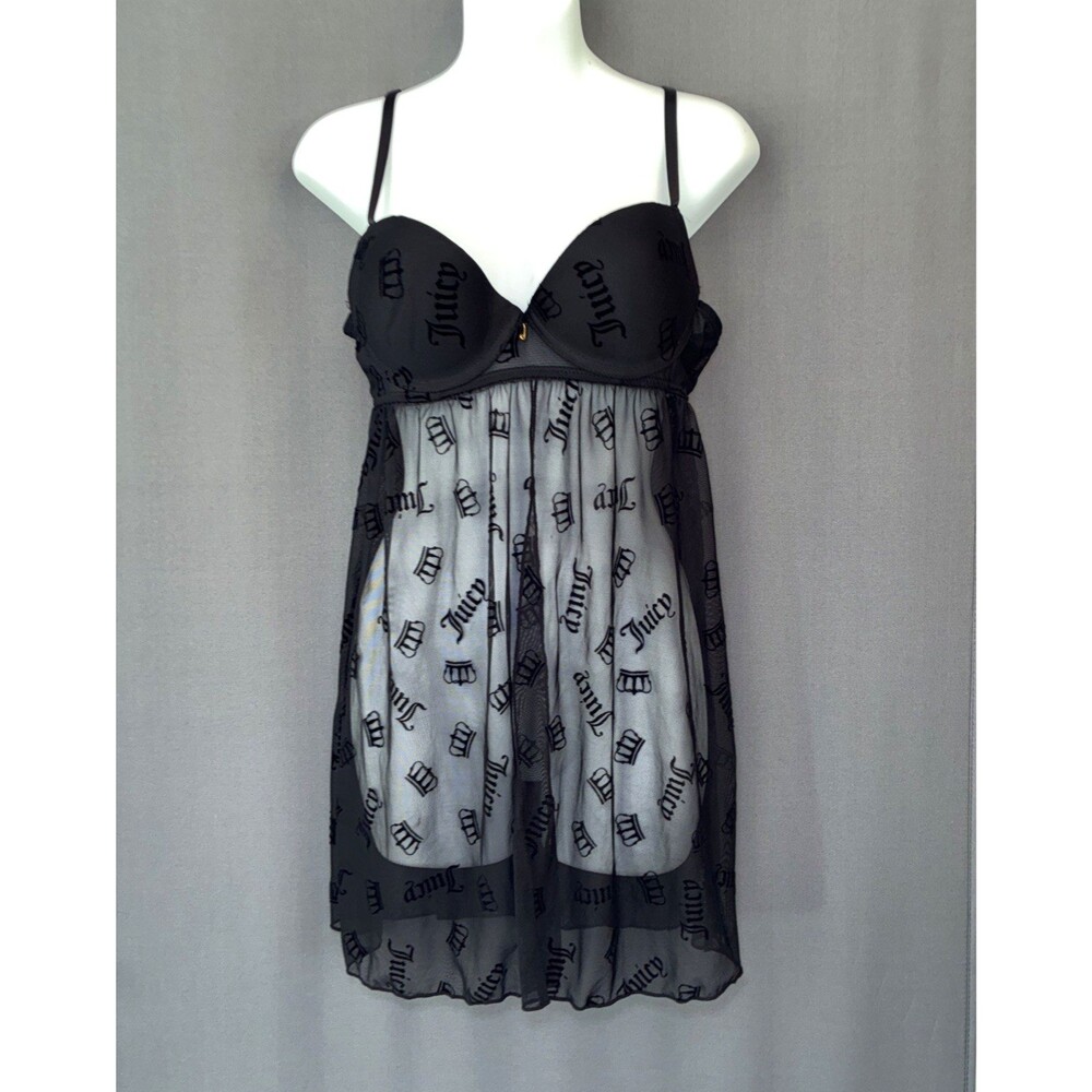 Y2K Juicy Couture Babydoll Flyaway Sheer Chemise Top Large Black Velvet Romance